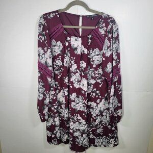 Fifth & Park Women Burgundy Floral Long Sleeve Dress With Lace Accents Size XL